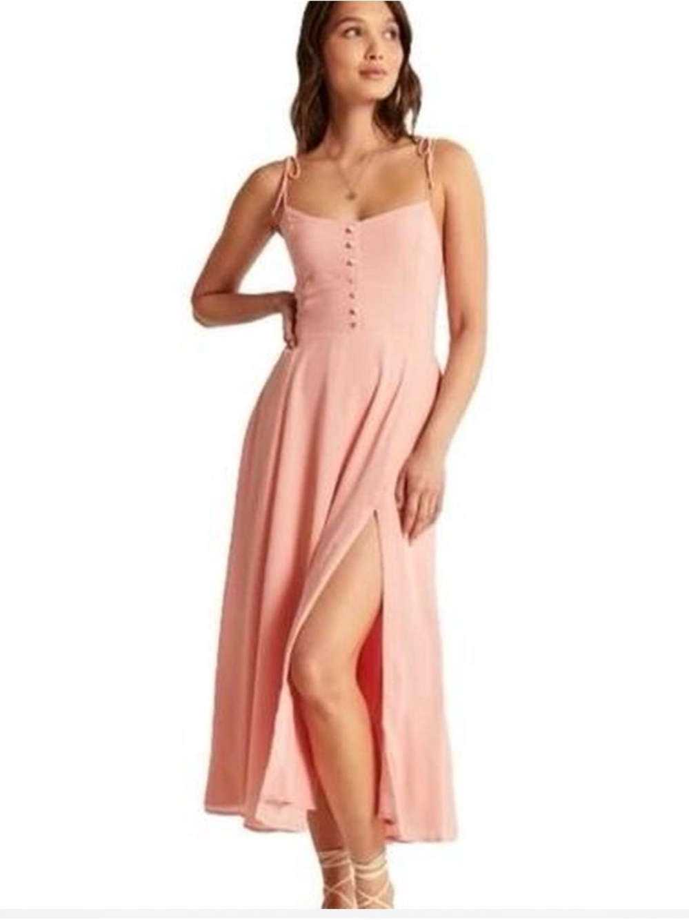Abercrombie & Fitch Tie-Strap Corset Midi Dress Light Pink L Corset Split - Picture 3 of 14